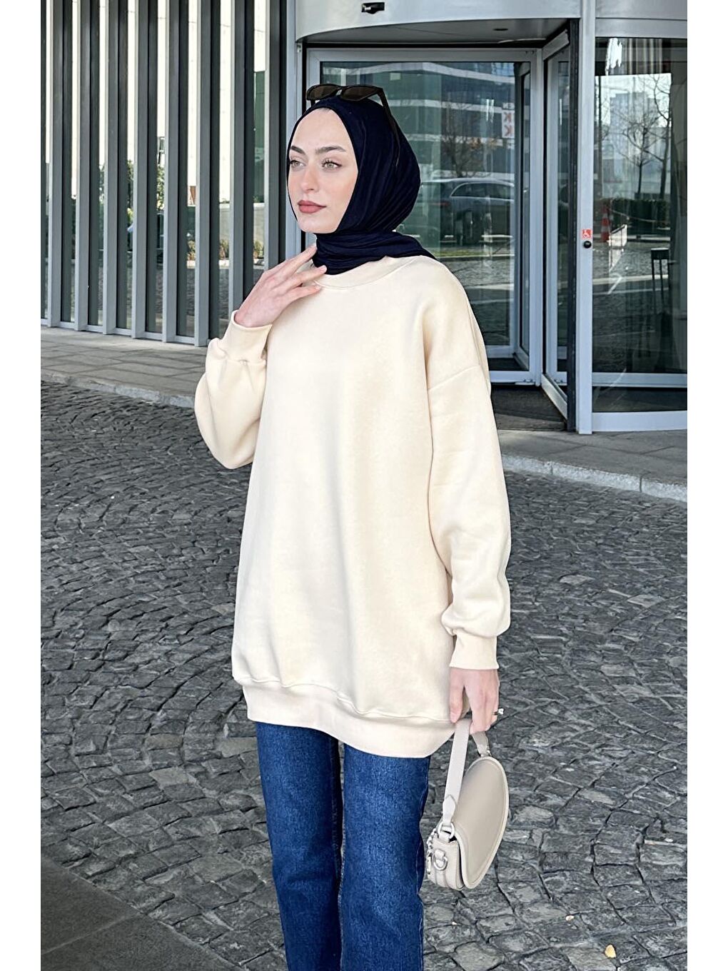Ekru Üç İplikli Yarım Balıkçı Yakalı Basic Tunik Krem-1