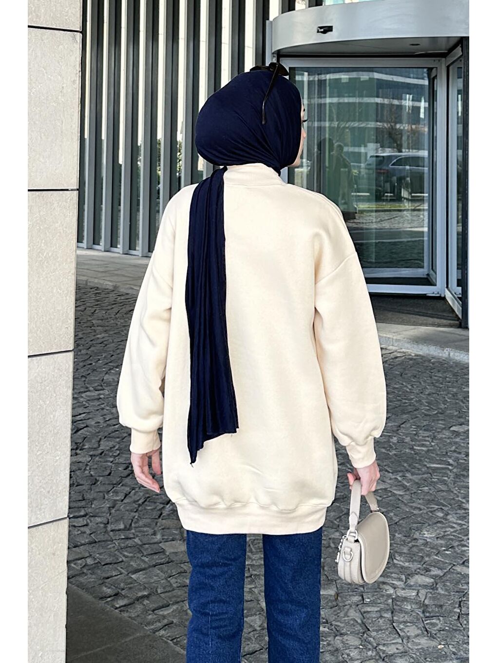 Ekru Üç İplikli Yarım Balıkçı Yakalı Basic Tunik Krem-2