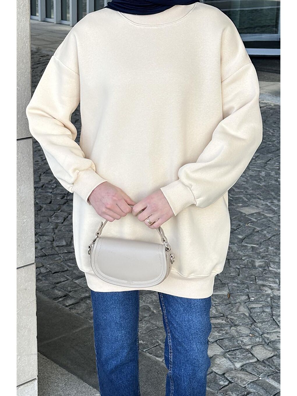 Ekru Üç İplikli Yarım Balıkçı Yakalı Basic Tunik Krem-3