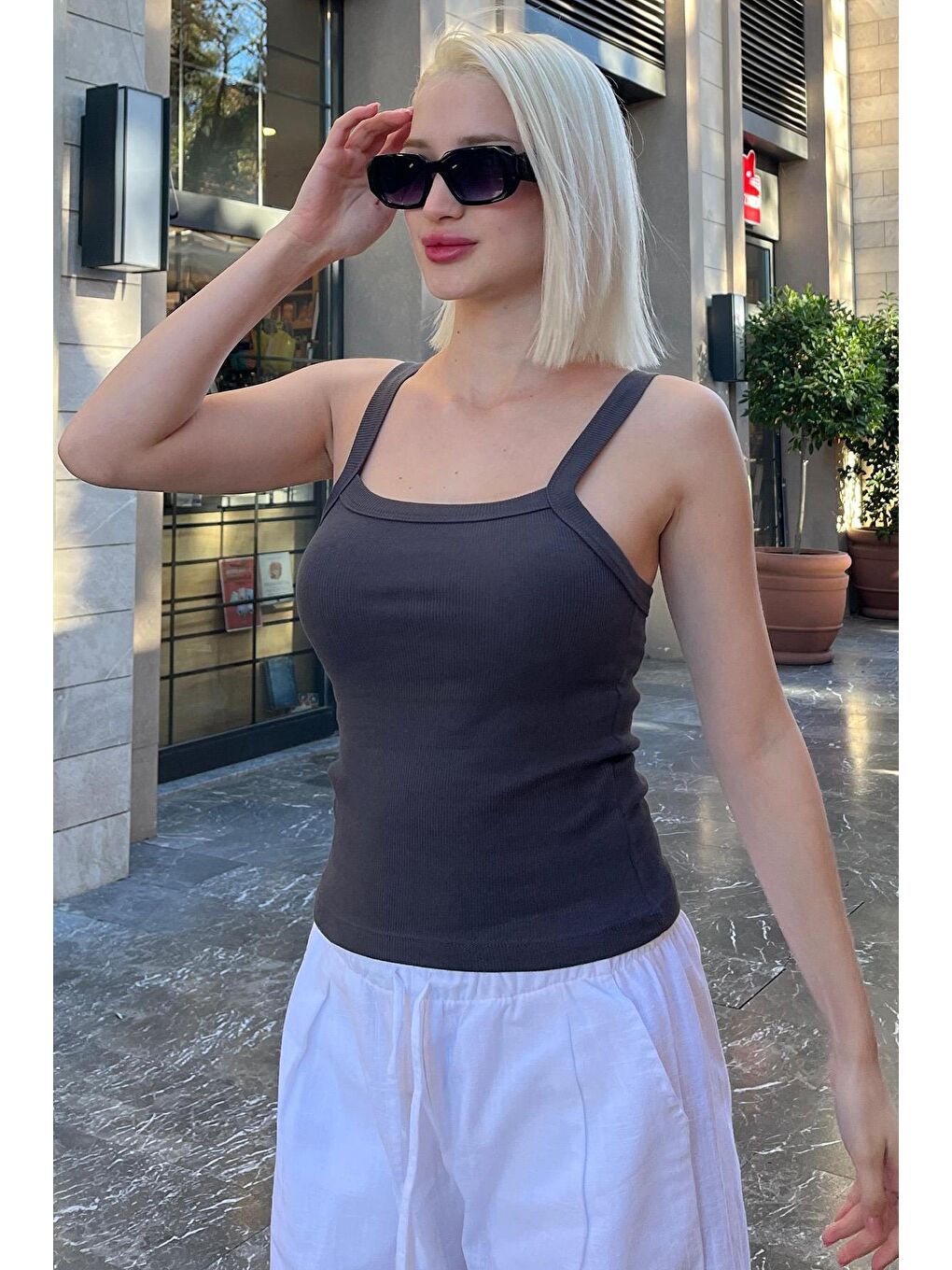 Gri Füme Fitilli Görünümlü Askılı Basic Atlet Mg2236