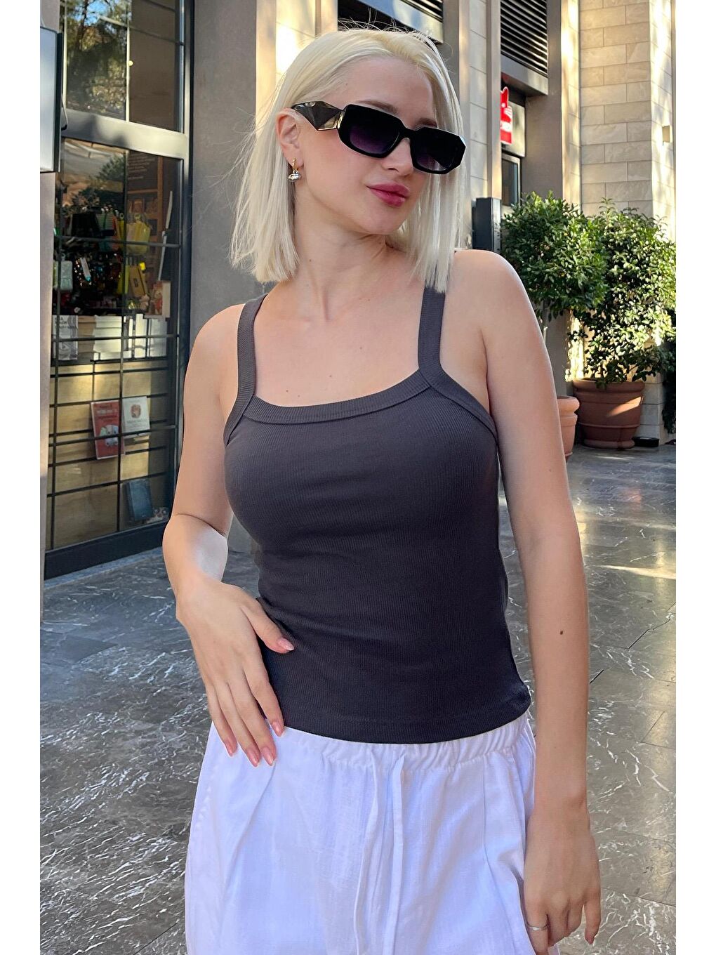 Gri Füme Fitilli Görünümlü Askılı Basic Atlet Mg2236-1