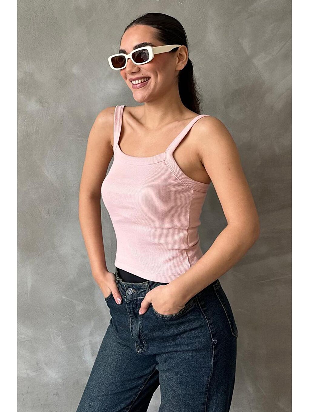 Pembe Fitilli Görünümlü Askılı Basic Atlet Mg2236-4