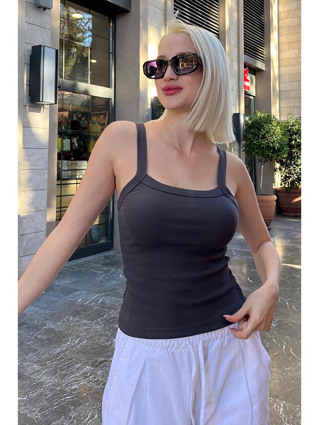 Gri Füme Fitilli Görünümlü Askılı Basic Atlet Mg2236-2