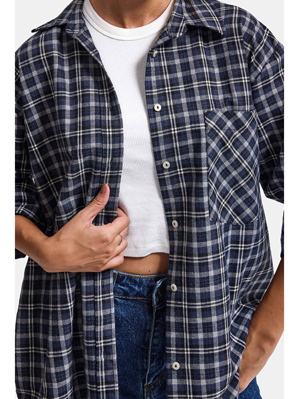 Lacivert Kadın Gri Laci Ekose W6-54 Oversize Gömlek-2