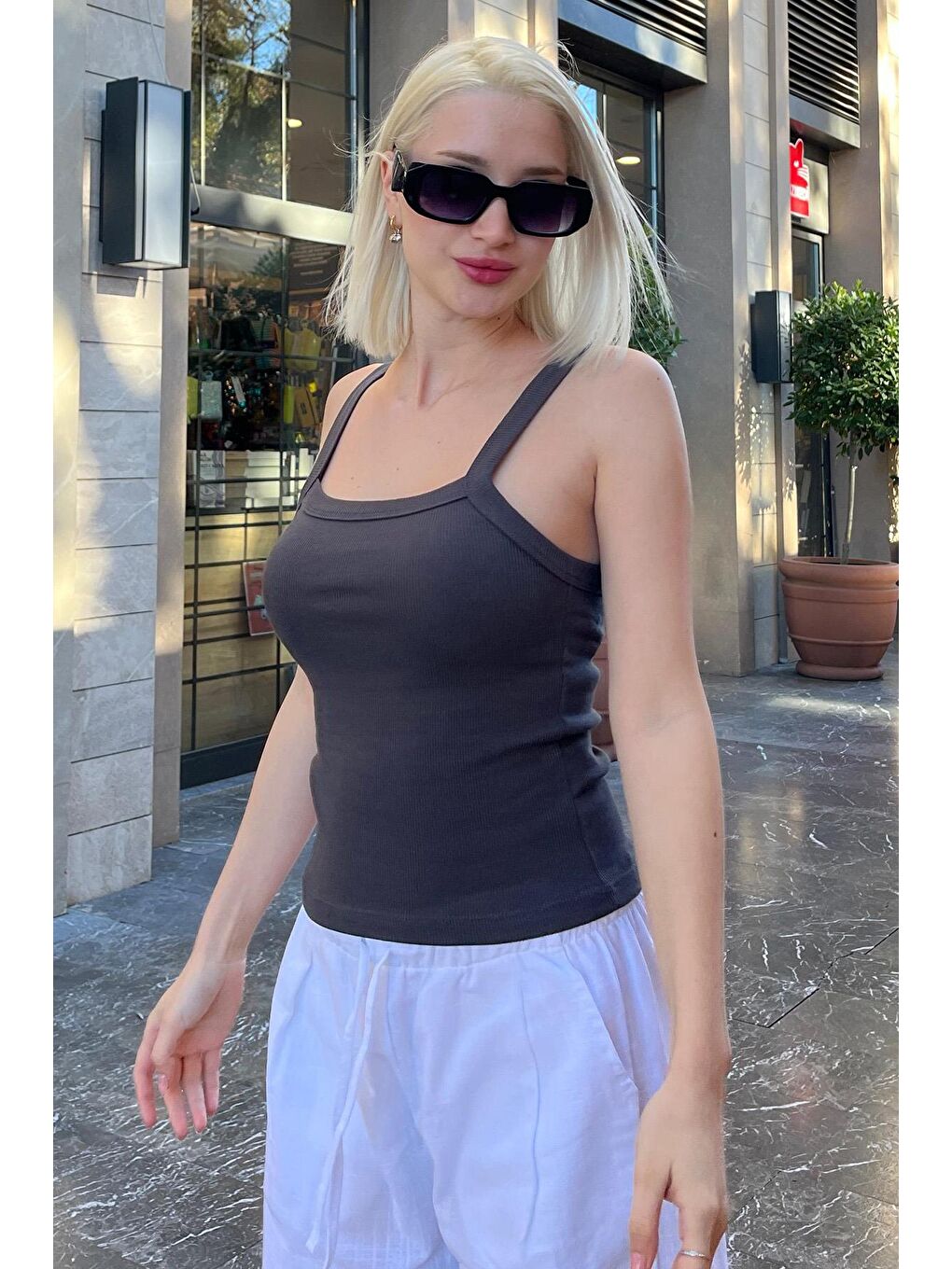 Gri Füme Fitilli Görünümlü Askılı Basic Atlet Mg2236-3