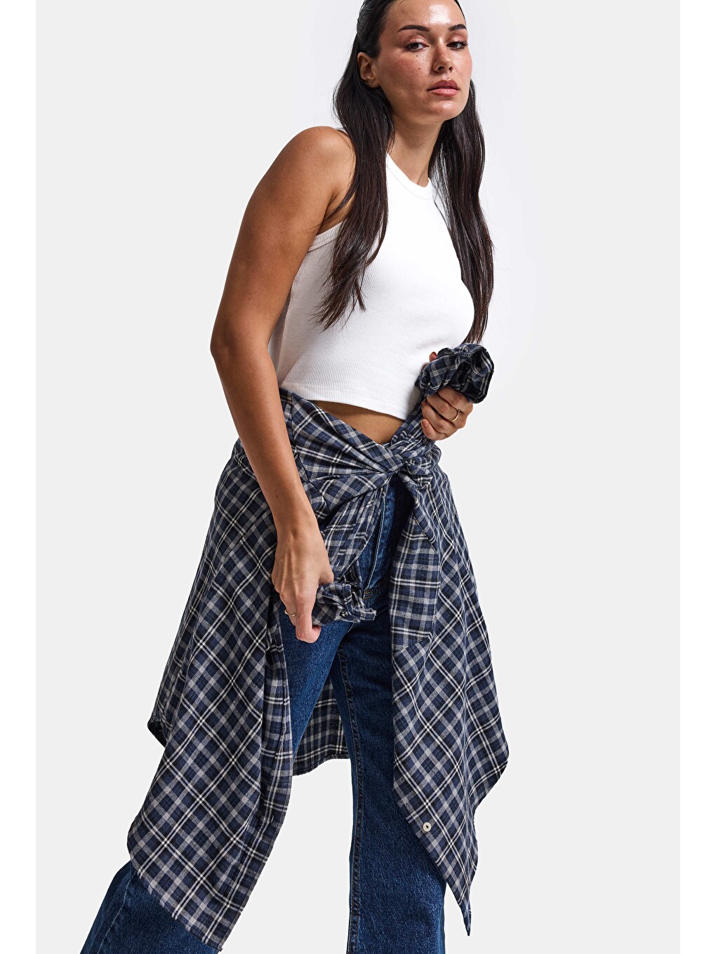 Lacivert Kadın Gri Laci Ekose W6-54 Oversize Gömlek-3