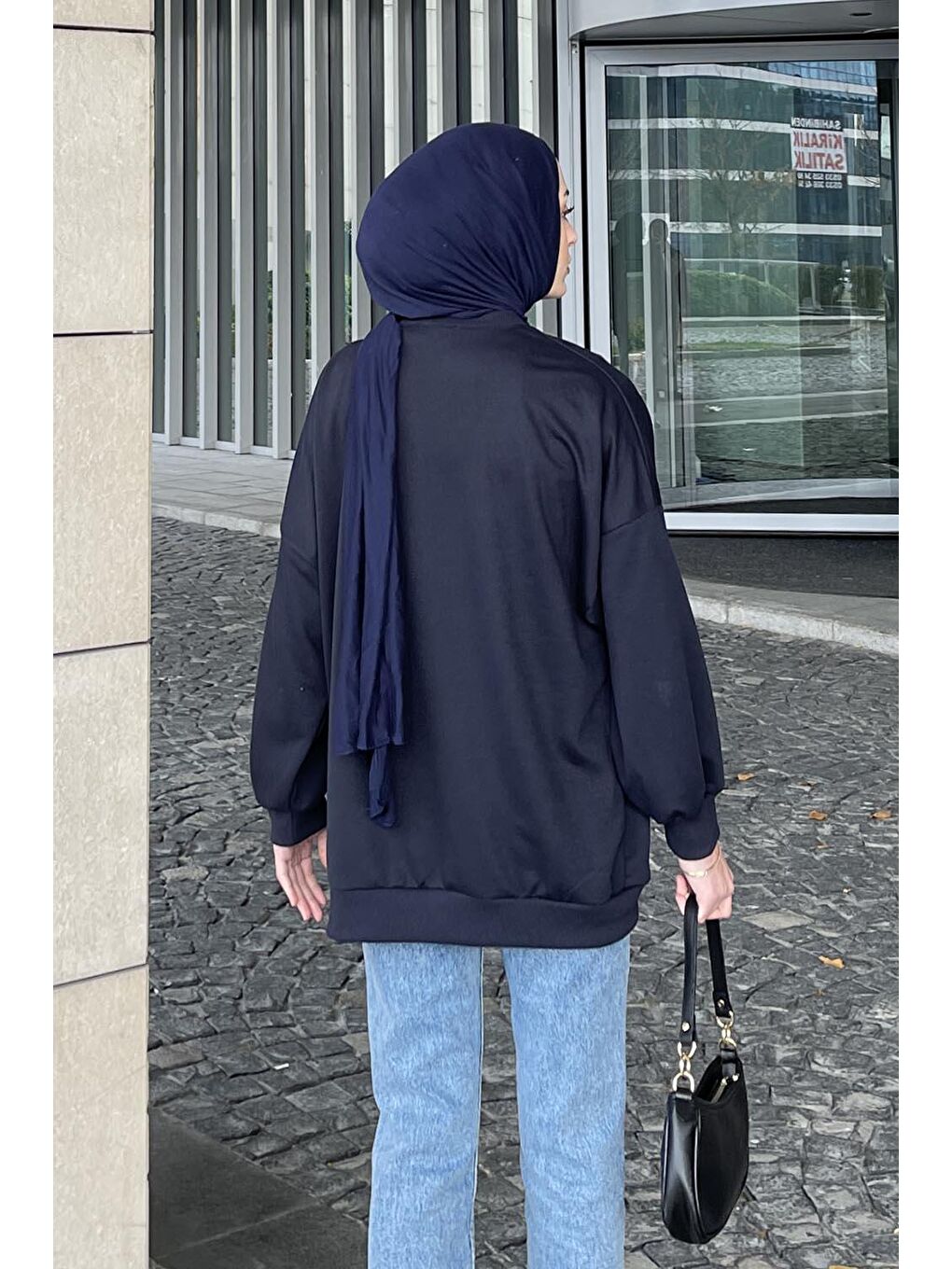 Balon Kol Yaka Ve Etek Ucu Manşetli Bol Sweat Lacivert-2