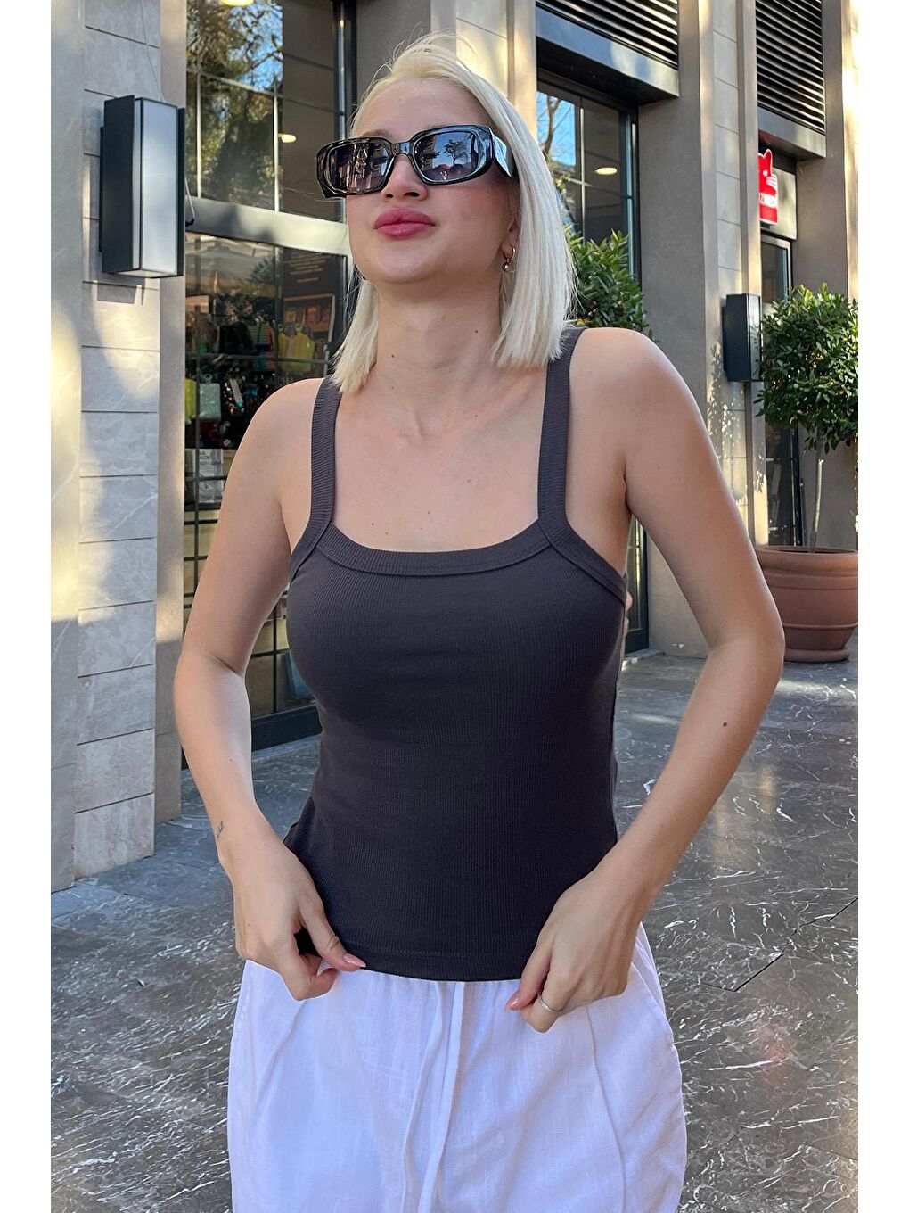 Gri Füme Fitilli Görünümlü Askılı Basic Atlet Mg2236-4