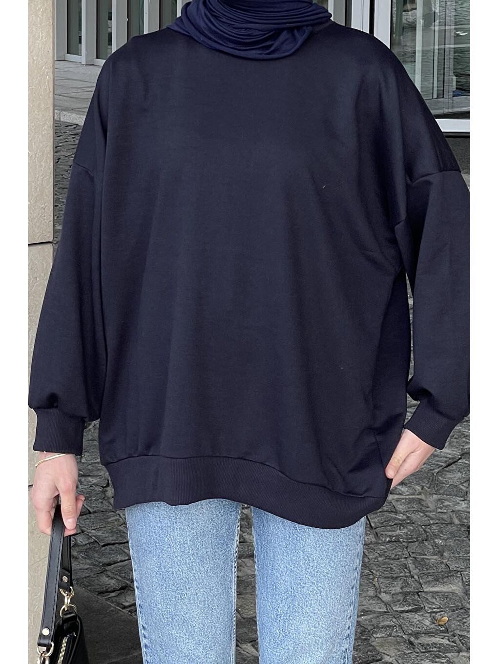Balon Kol Yaka Ve Etek Ucu Manşetli Bol Sweat Lacivert-3