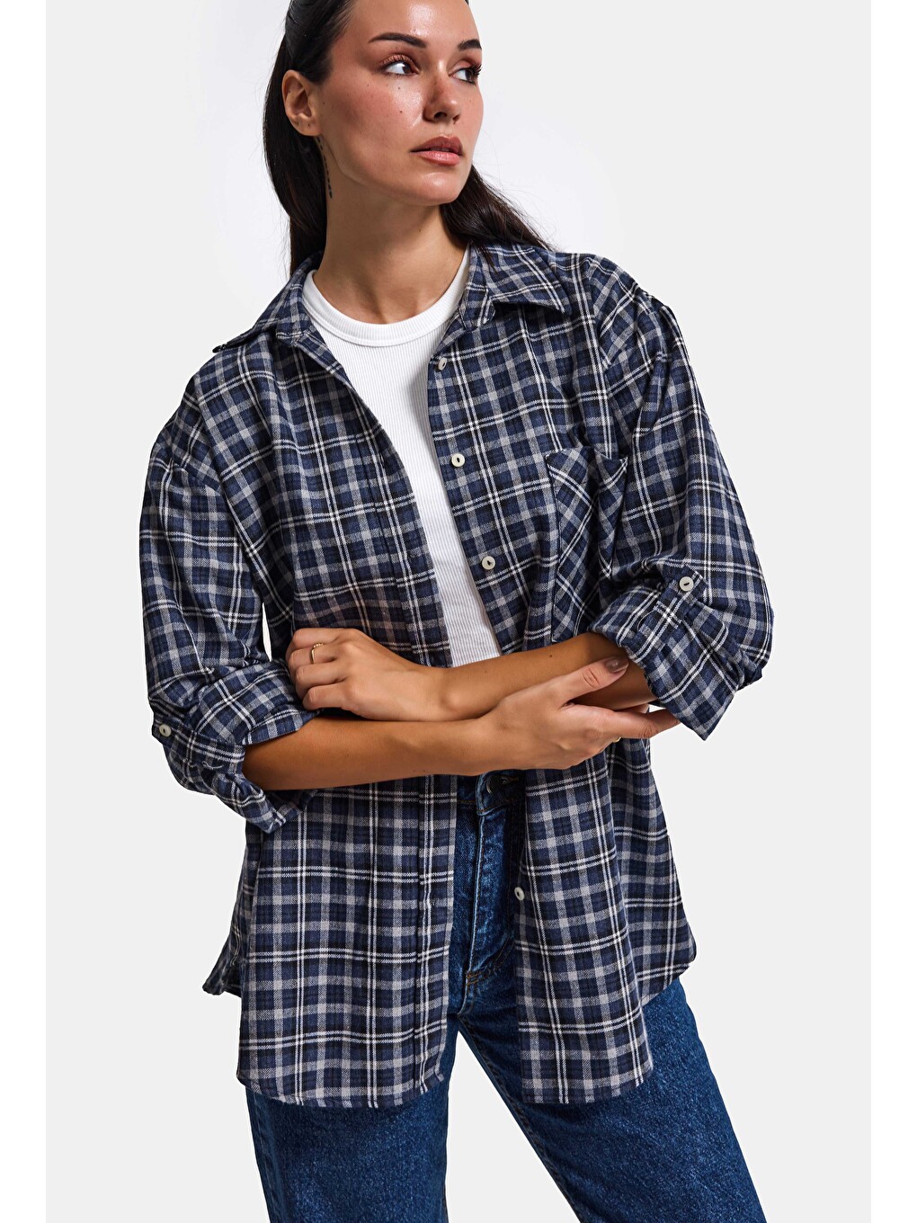 Lacivert Kadın Gri Laci Ekose W6-54 Oversize Gömlek-4