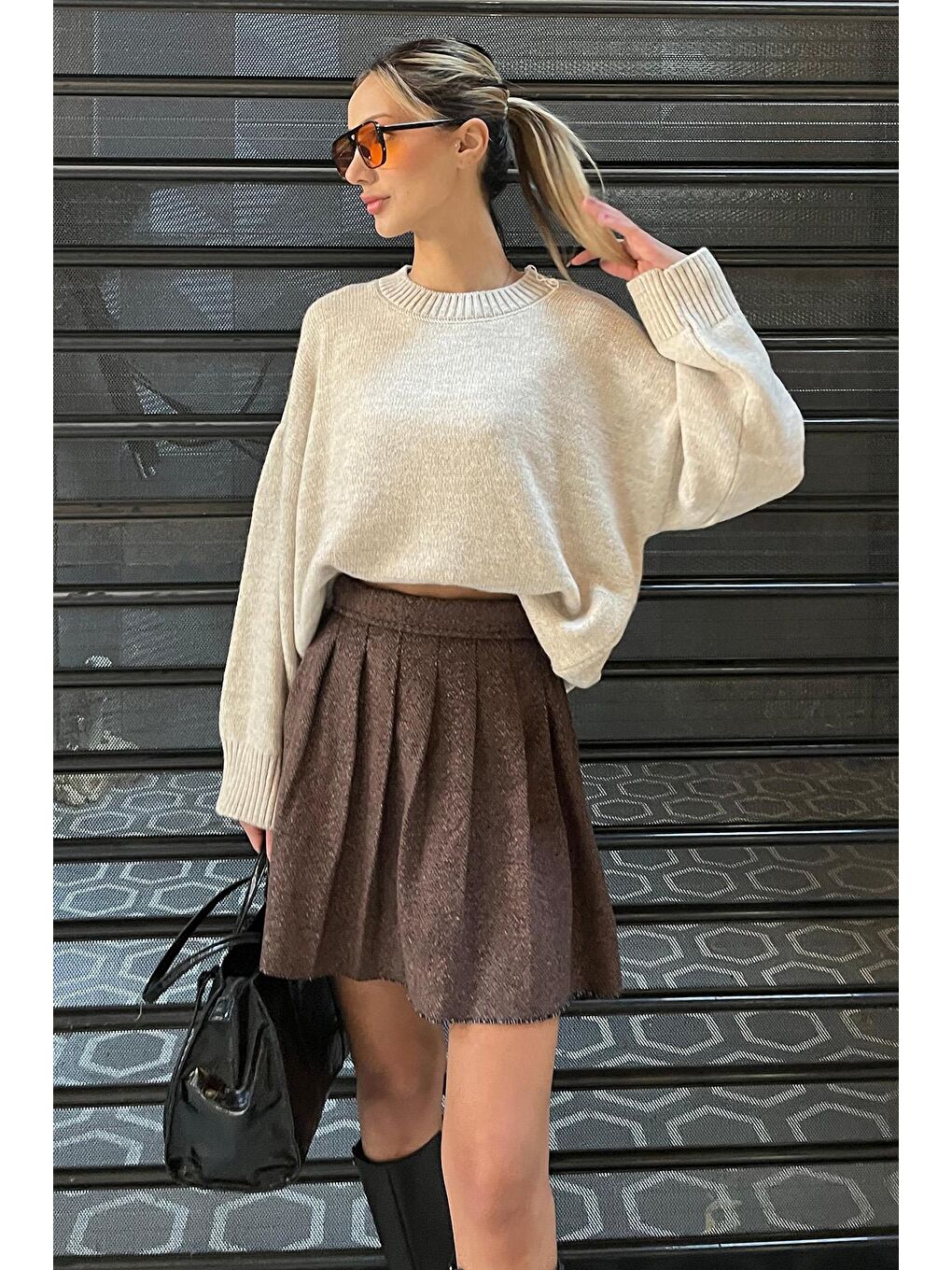 Kahverengi Ekose Desen Kadın Pileli Etek Mg2248