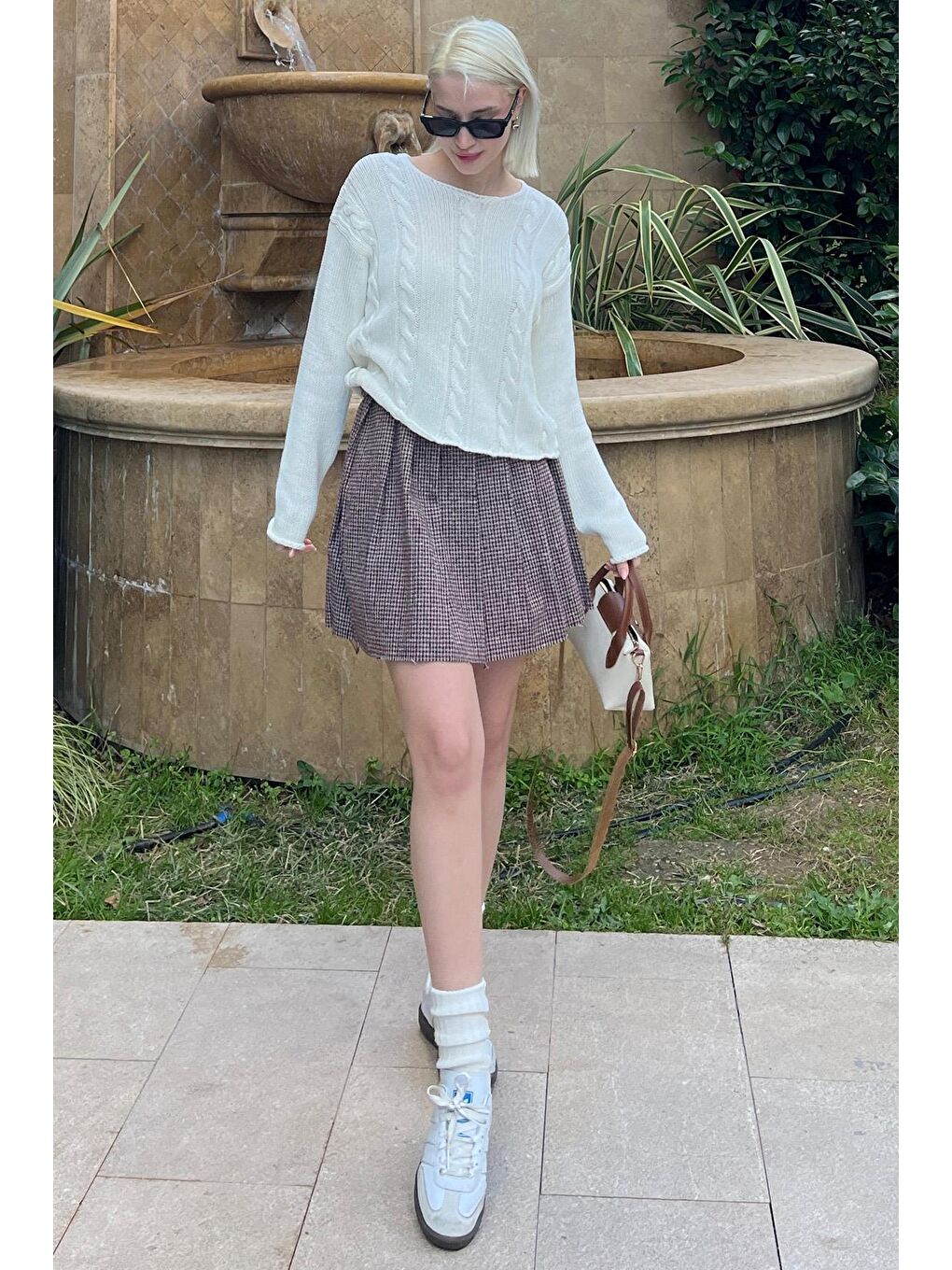 Bordo Ekose Desen Kadın Pileli Etek Mg2248