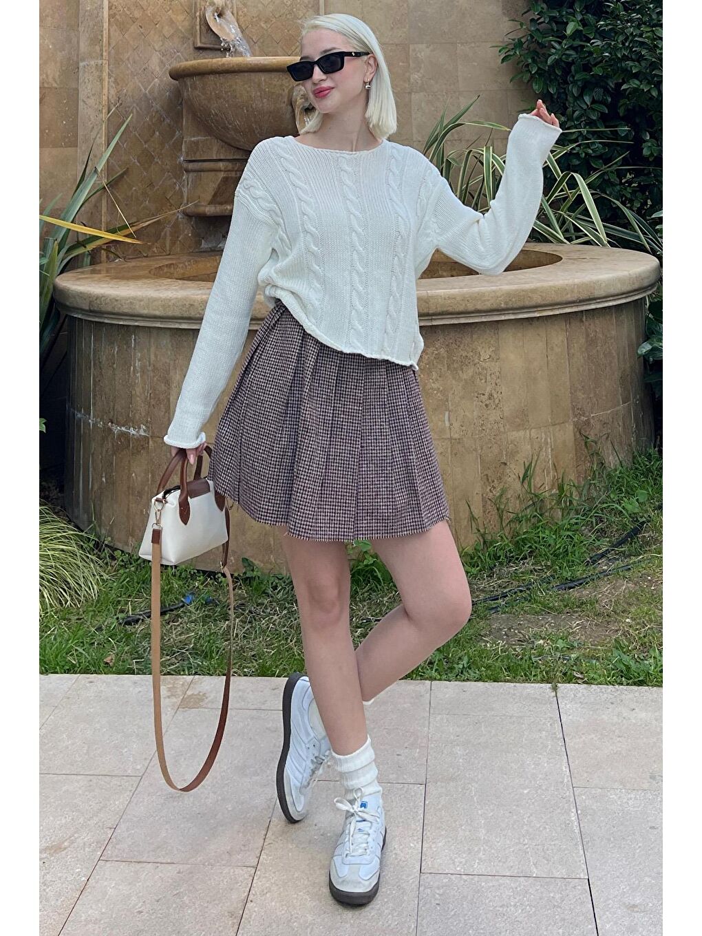 Bordo Ekose Desen Kadın Pileli Etek Mg2248-1