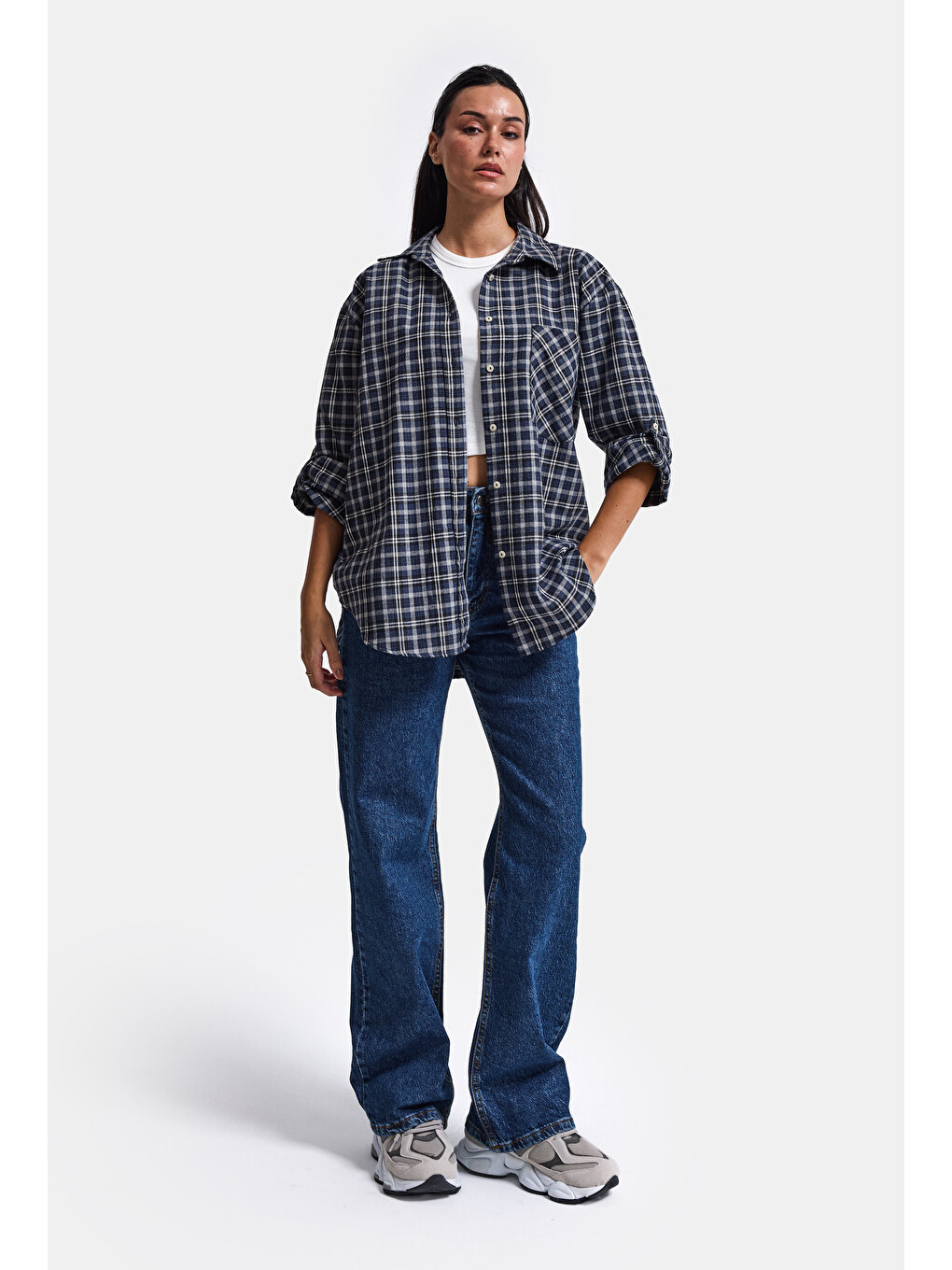 Lacivert Kadın Gri Laci Ekose W6-54 Oversize Gömlek-6