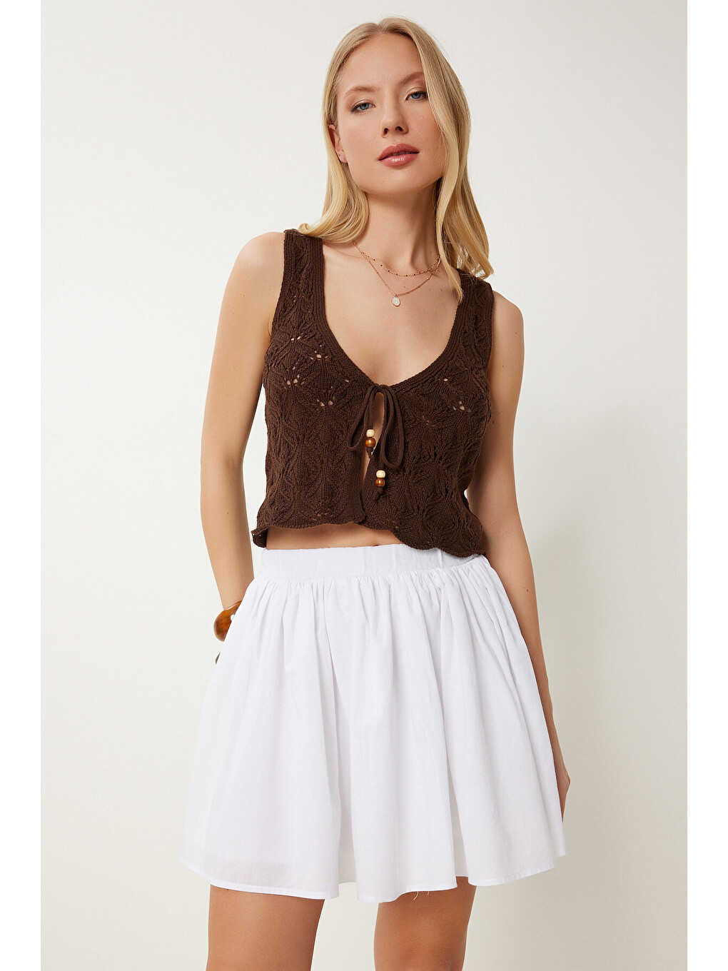 Beyaz Pamuklu Mini Kloş Etek BEYAZ LNS0058