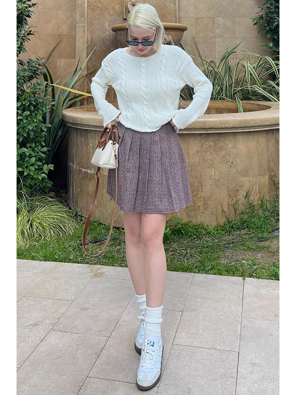 Bordo Ekose Desen Kadın Pileli Etek Mg2248-2