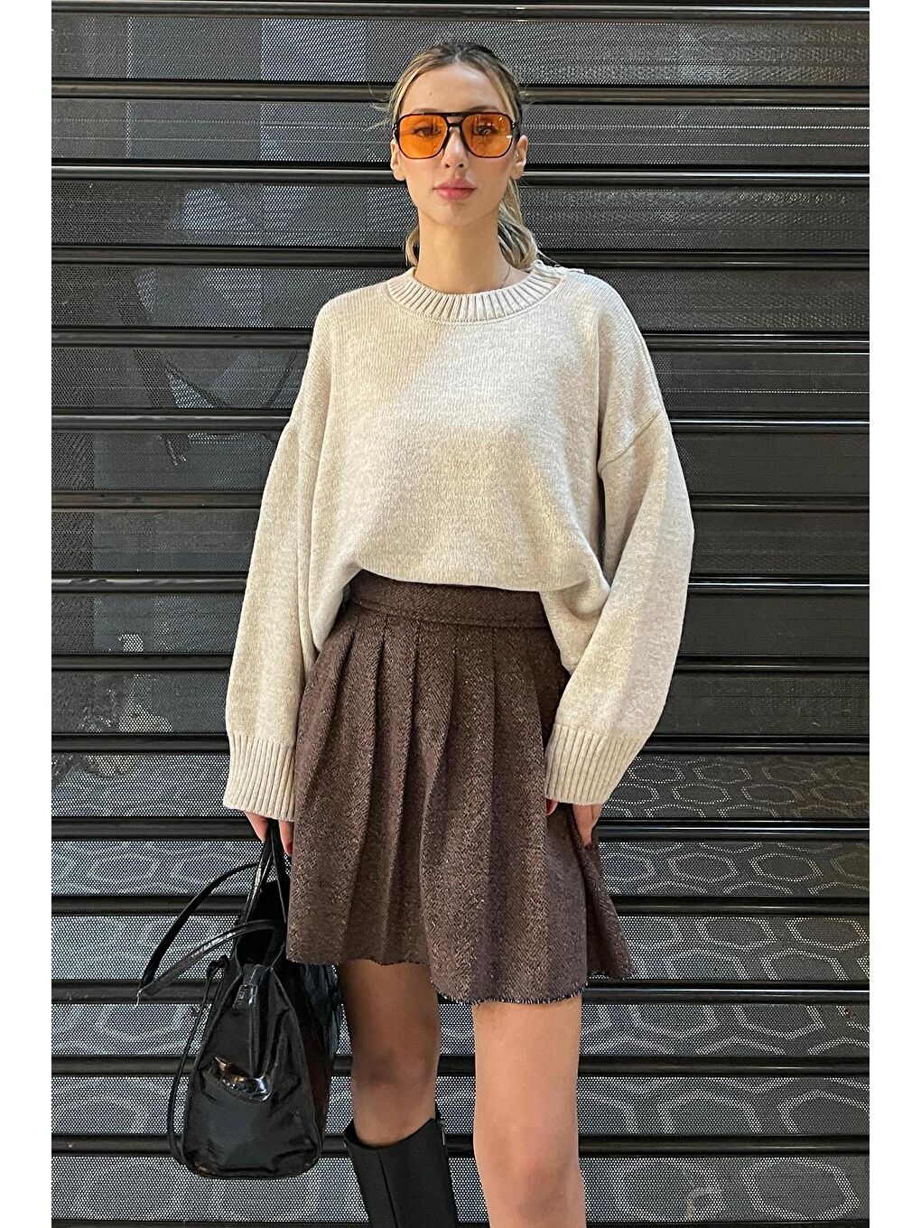 Kahverengi Ekose Desen Kadın Pileli Etek Mg2248-2