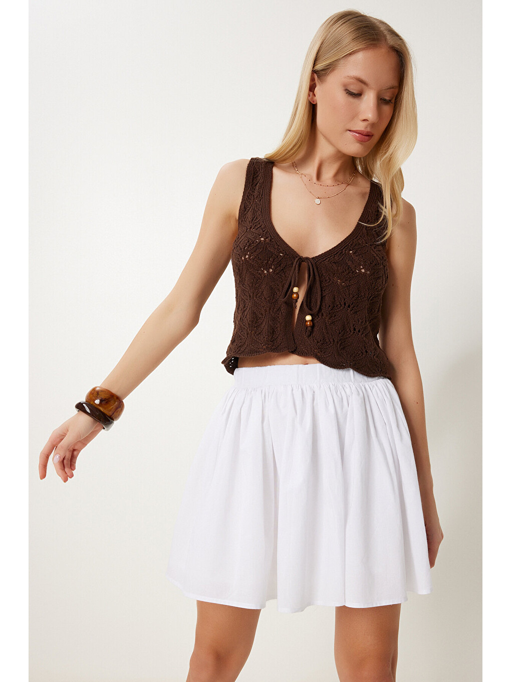Beyaz Pamuklu Mini Kloş Etek BEYAZ LNS0058-2