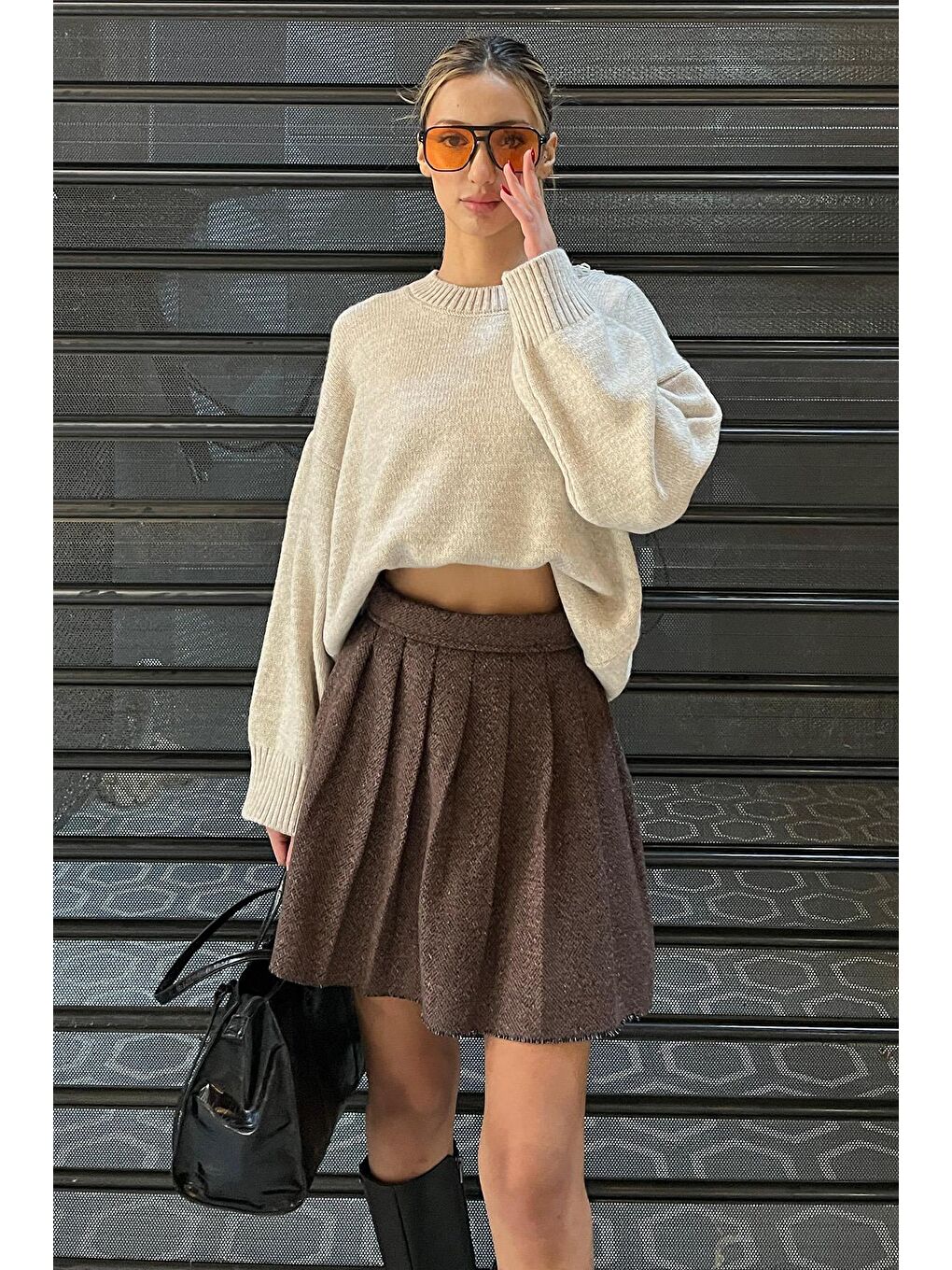 Kahverengi Ekose Desen Kadın Pileli Etek Mg2248-3