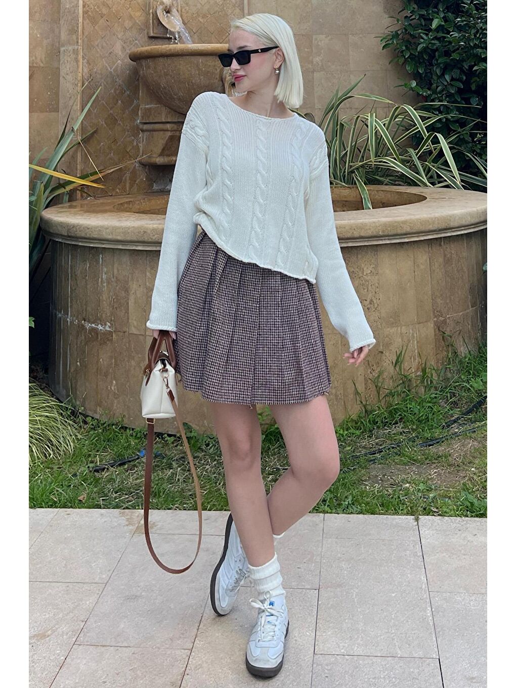 Bordo Ekose Desen Kadın Pileli Etek Mg2248-3