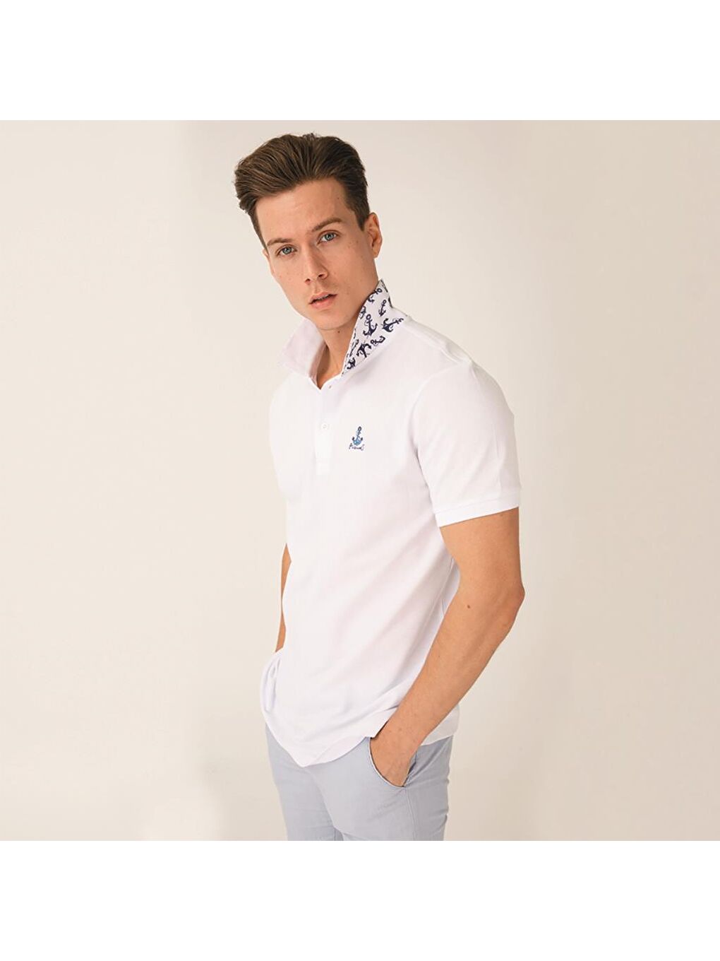 Beyaz Çapa Erkek Polo Yaka Tişört-5