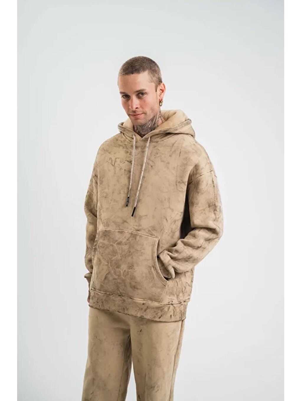 Unisex Double Oversize Kapüşonlu Yıkamalı Sweatshirt - Bej