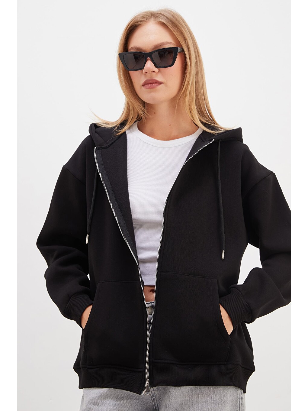 Siyah 3 İplik Basic Fermuarlı Kapüşonlu Oversize Sweatshirt