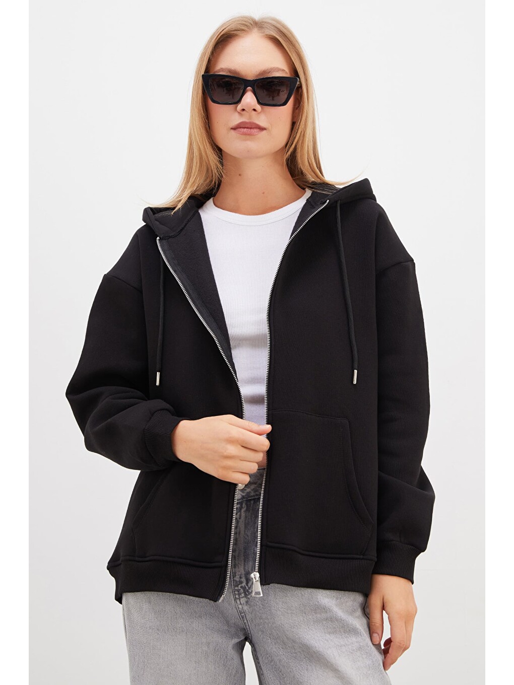 Siyah 3 İplik Basic Fermuarlı Kapüşonlu Oversize Sweatshirt-1
