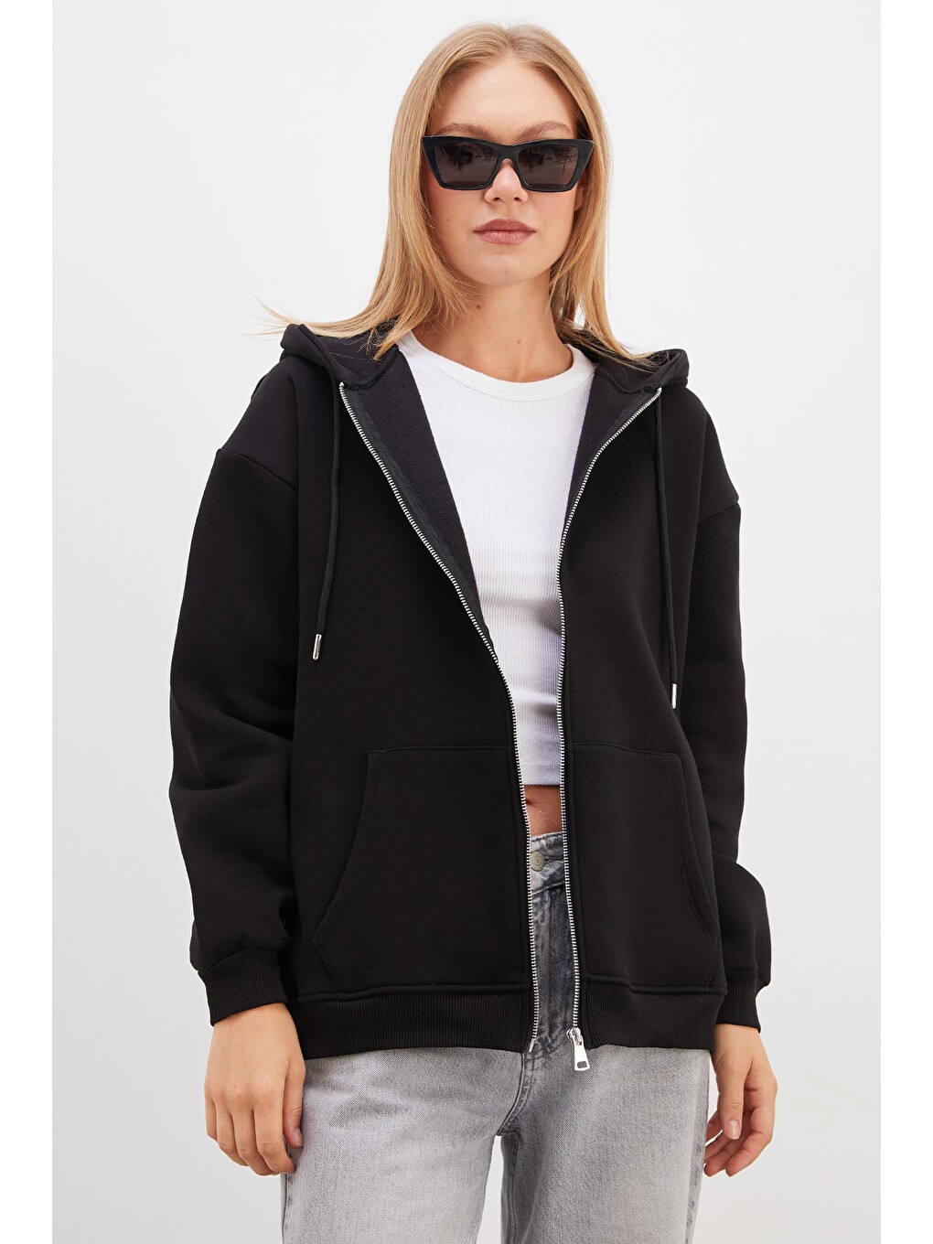 Siyah 3 İplik Basic Fermuarlı Kapüşonlu Oversize Sweatshirt-2