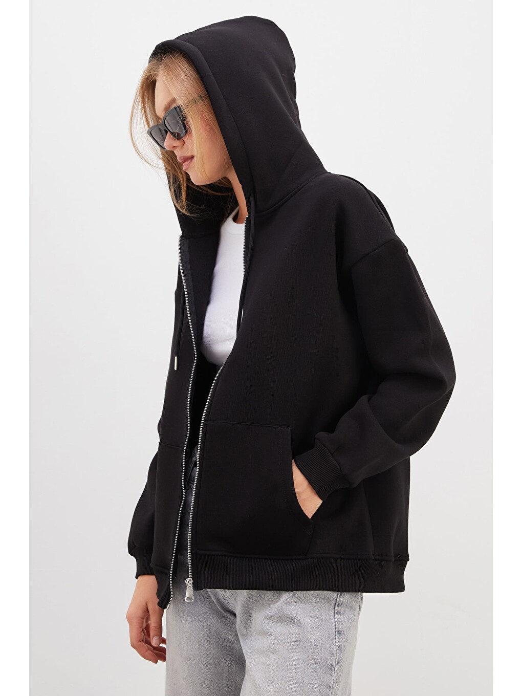 Siyah 3 İplik Basic Fermuarlı Kapüşonlu Oversize Sweatshirt-4
