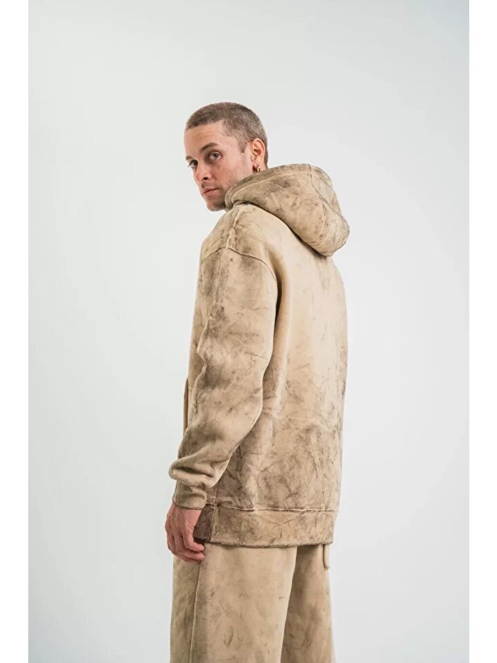 Unisex Double Oversize Kapüşonlu Yıkamalı Sweatshirt - Bej-1