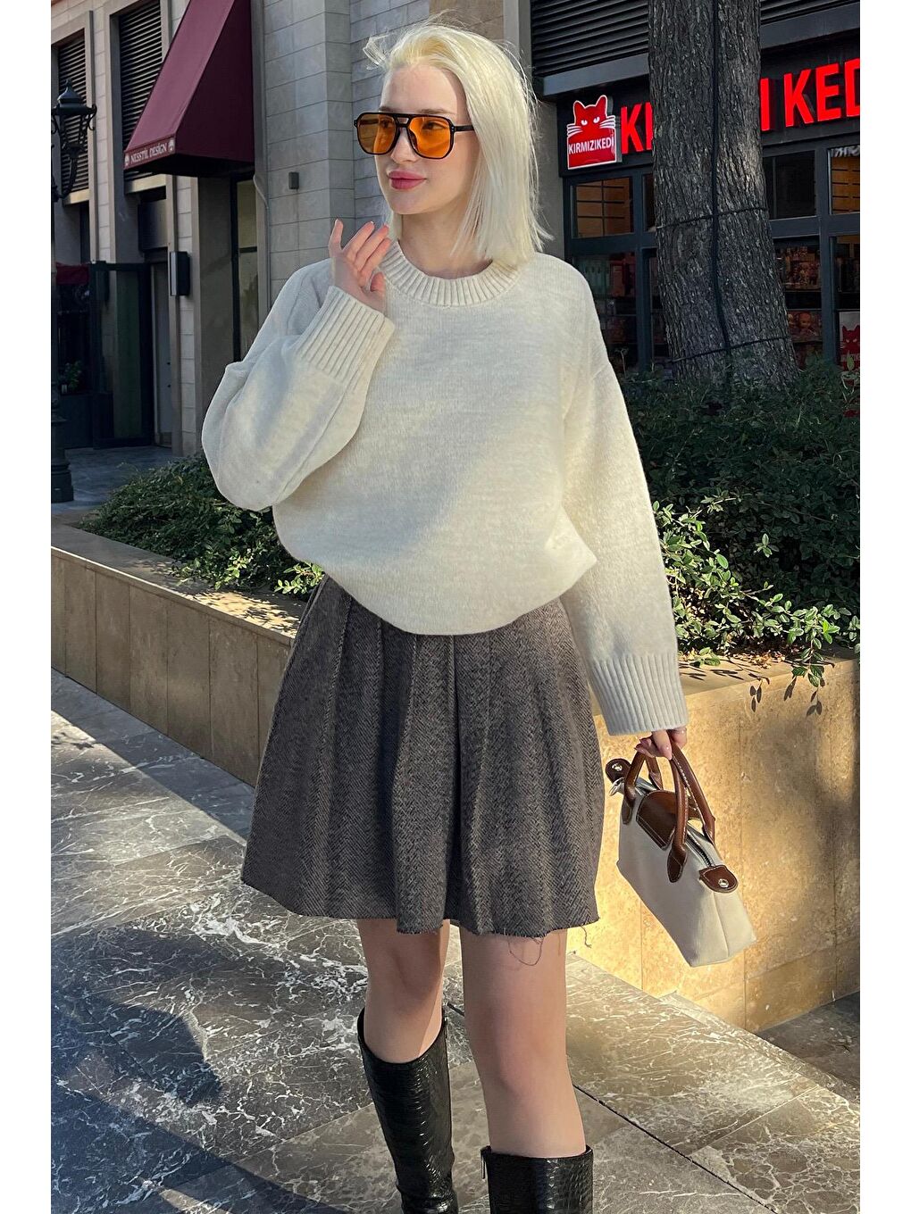 Bej Ekose Desen Kadın Pileli Etek Mg2248-1