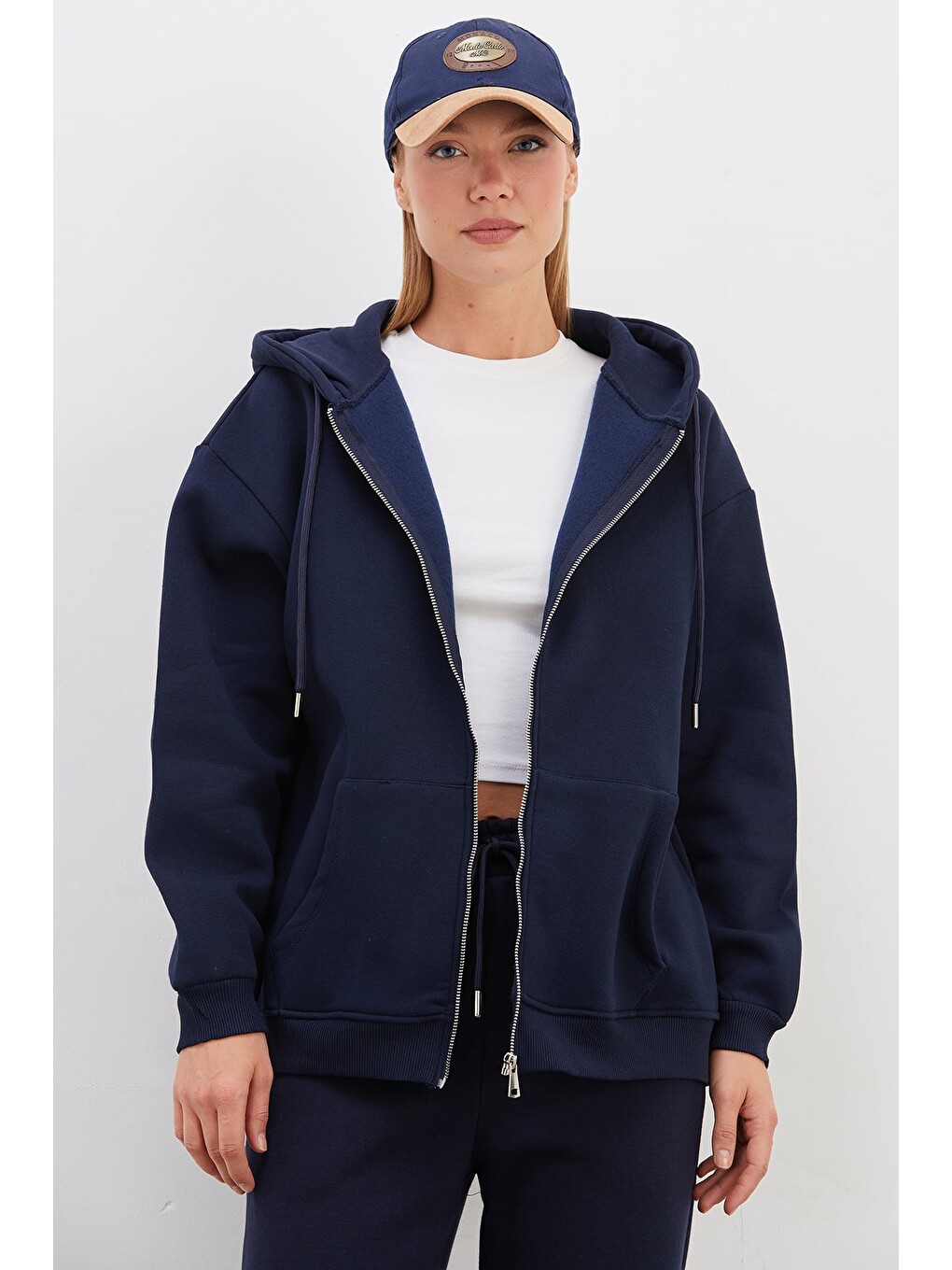 Lacivert 3 İplik Basic Fermuarlı Kapüşonlu Oversize Sweatshirt-1