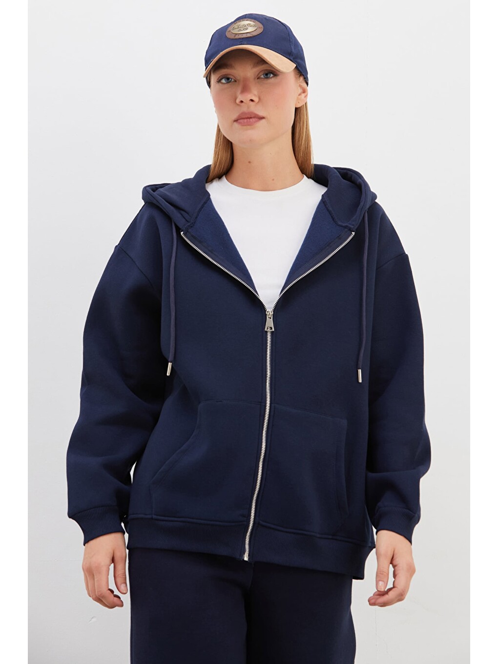 Lacivert 3 İplik Basic Fermuarlı Kapüşonlu Oversize Sweatshirt-2