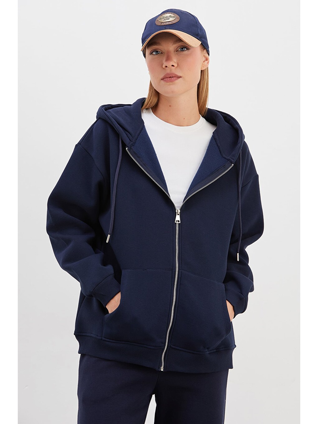 Lacivert 3 İplik Basic Fermuarlı Kapüşonlu Oversize Sweatshirt-3