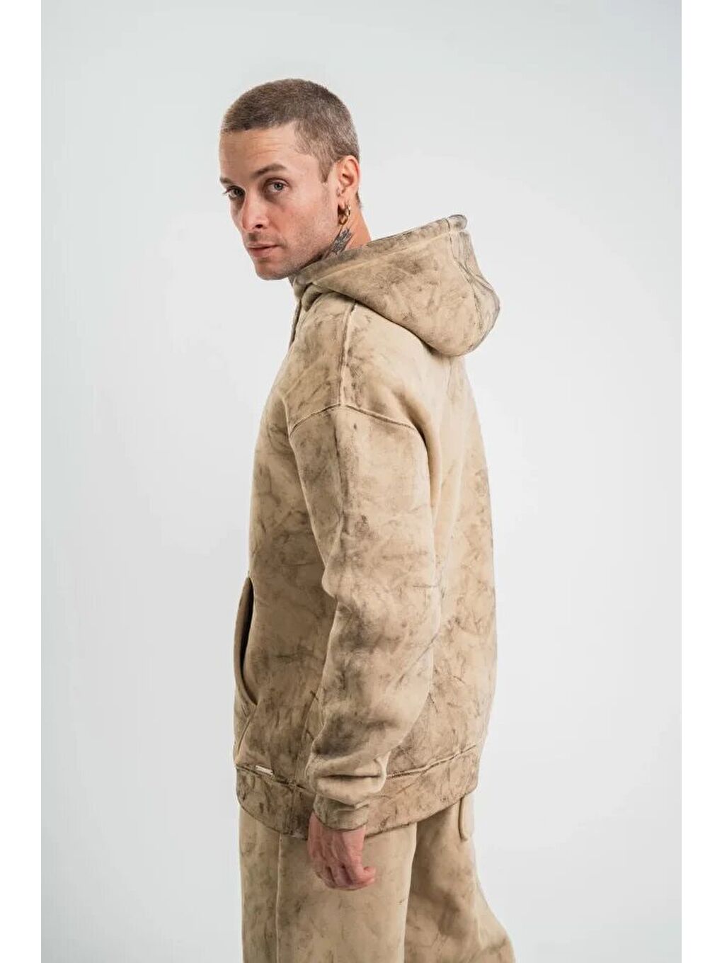 Unisex Double Oversize Kapüşonlu Yıkamalı Sweatshirt - Bej-2