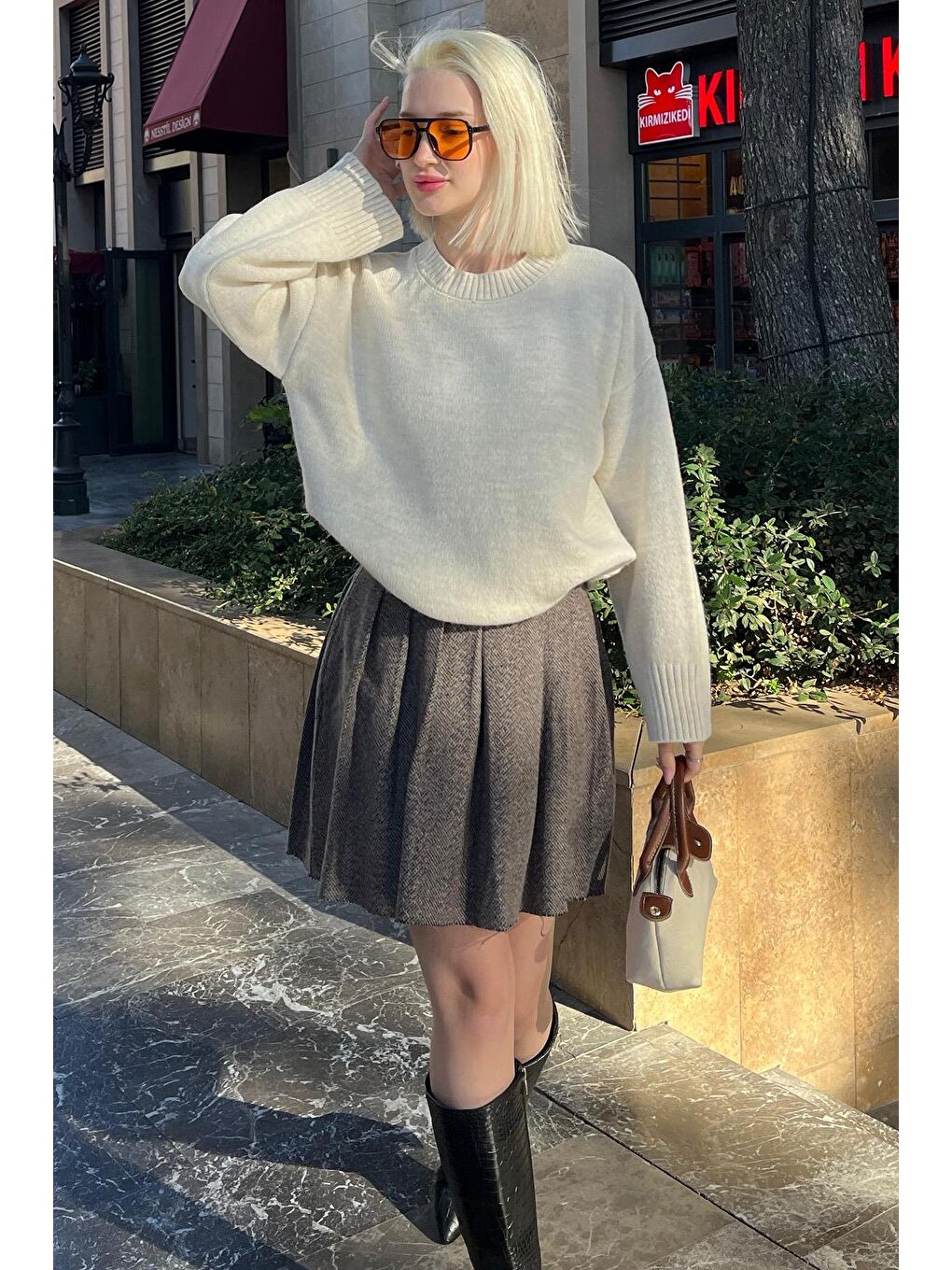 Bej Ekose Desen Kadın Pileli Etek Mg2248-2