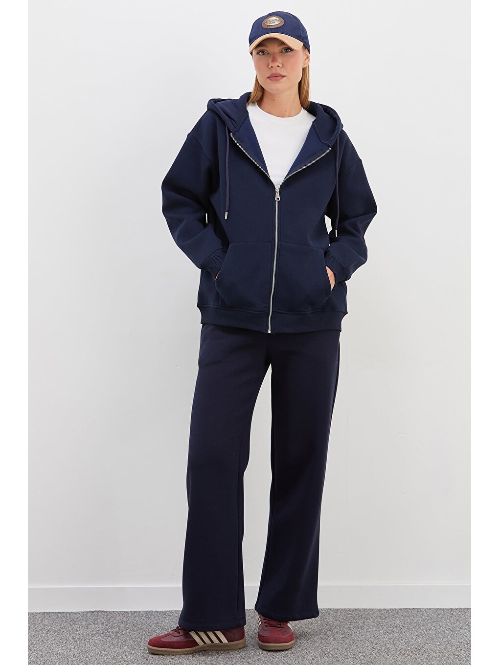 Lacivert 3 İplik Basic Fermuarlı Kapüşonlu Oversize Sweatshirt-4