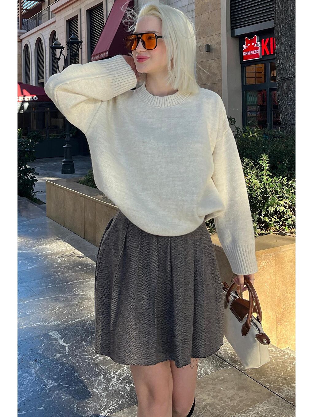 Bej Ekose Desen Kadın Pileli Etek Mg2248-3