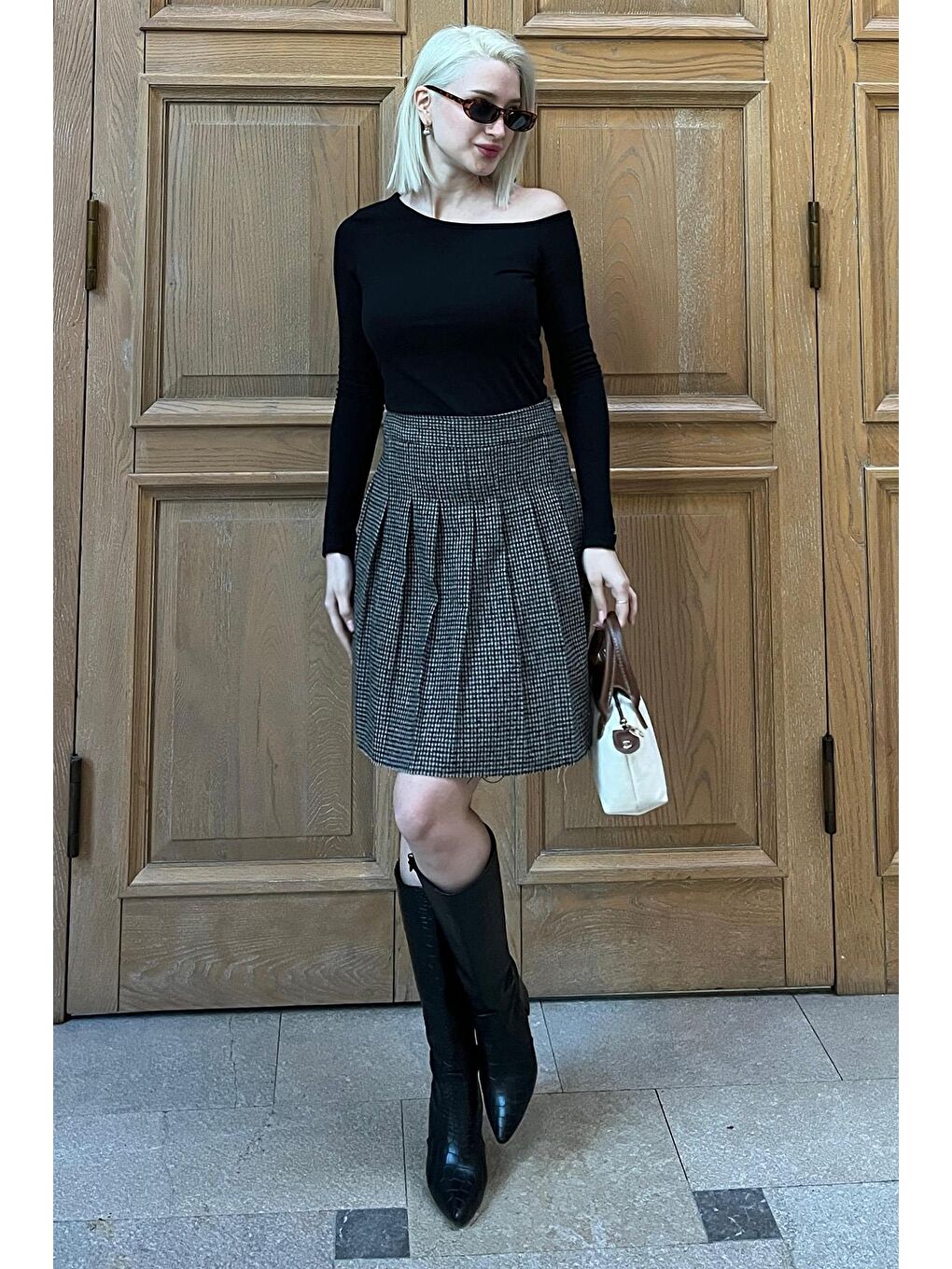 Yeşil Ekose Desen Kadın Pileli Etek Mg2248-2