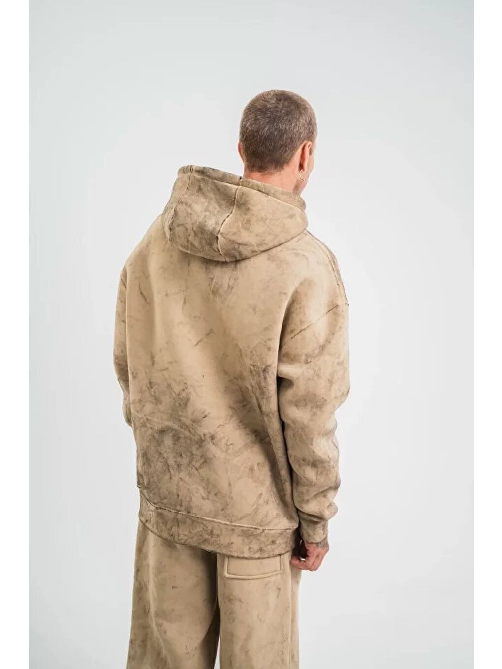 Unisex Double Oversize Kapüşonlu Yıkamalı Sweatshirt - Bej-3