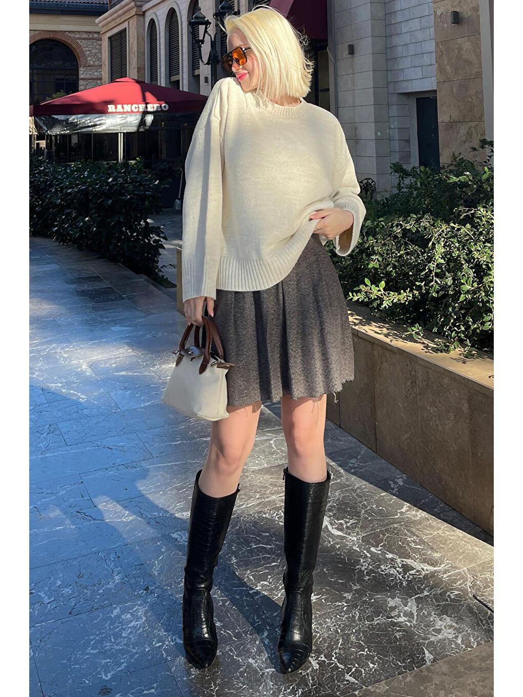 Bej Ekose Desen Kadın Pileli Etek Mg2248-4