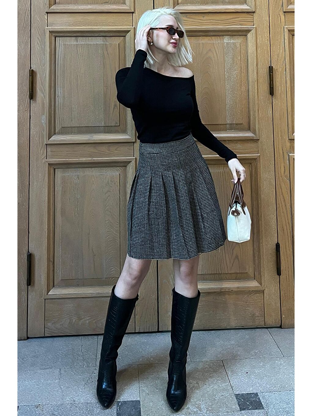 Yeşil Ekose Desen Kadın Pileli Etek Mg2248-3