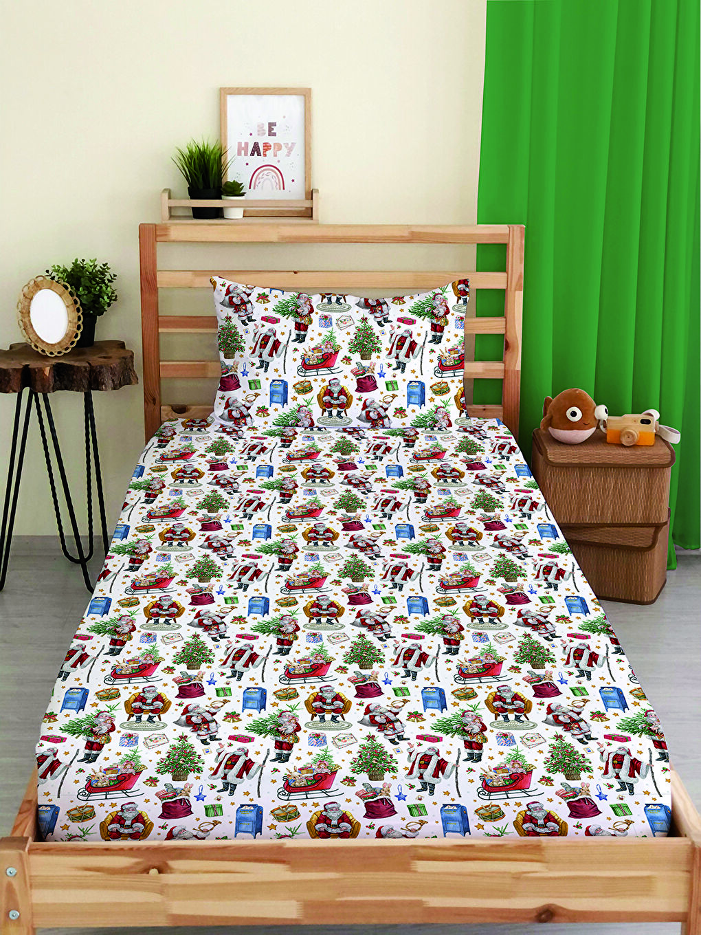 Karışık Yılbaşı Desenli Tek Kişilik Baskılı Lastikli Çarşaf Takımı– 100x200cm
