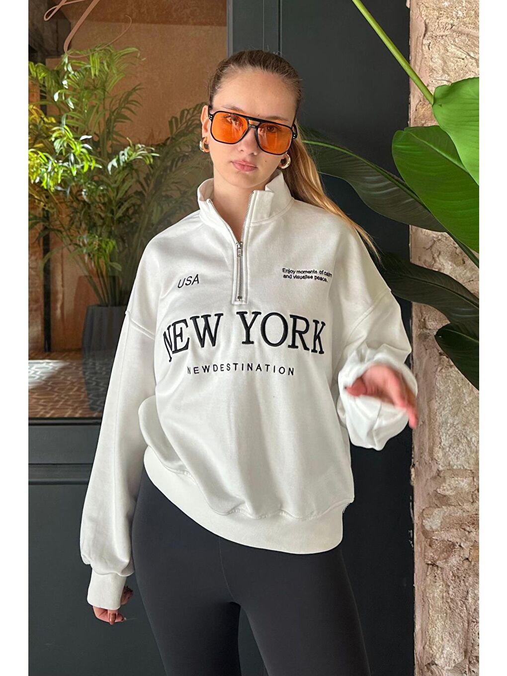 Ekru Yarım Fermuarlı Baskılı Sweatshirt Mg2240-1