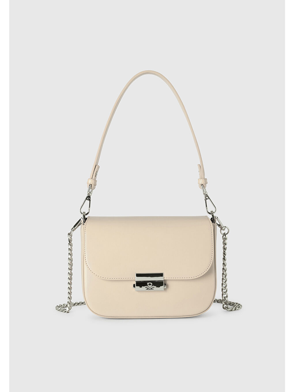 Bej Kadın Taş Rengi Metal Klipsli Çift Saplı Mini Omuz Çantası