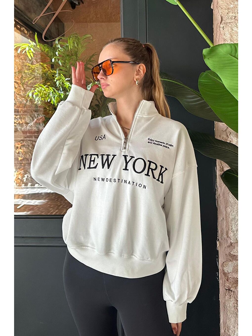 Ekru Yarım Fermuarlı Baskılı Sweatshirt Mg2240-2