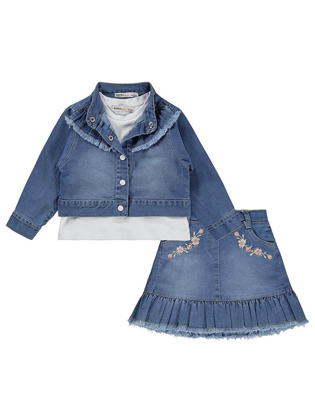 Civil Girls Nakışlı Jean Ceket Etek 3 Lü 2-5 Yaş Takım - Mavi 4-5 Yaş