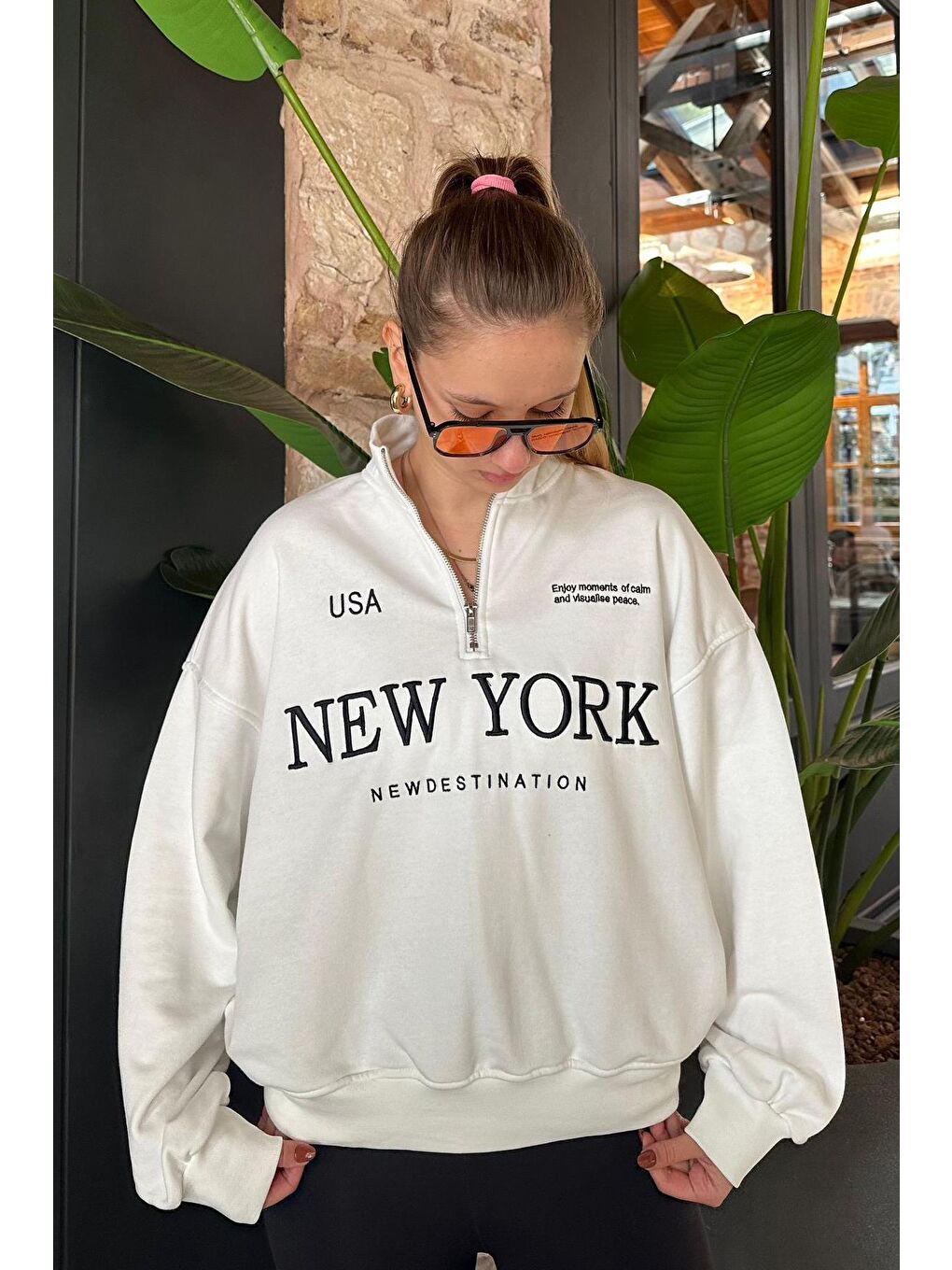 Ekru Yarım Fermuarlı Baskılı Sweatshirt Mg2240-3