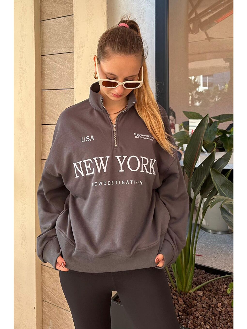 Gri Füme Yarım Fermuarlı Baskılı Sweatshirt Mg2240-1